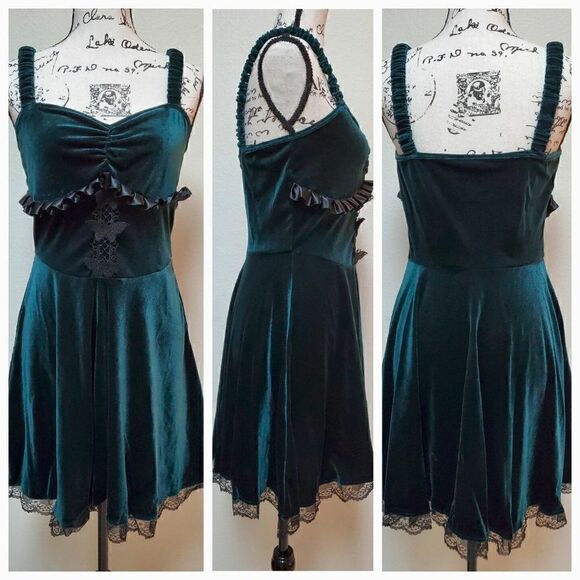 Gothic Retro Green Velvet Butterflies Patchwork Steampunk Party Dress SIZE L NEW - Picture 6 of 14